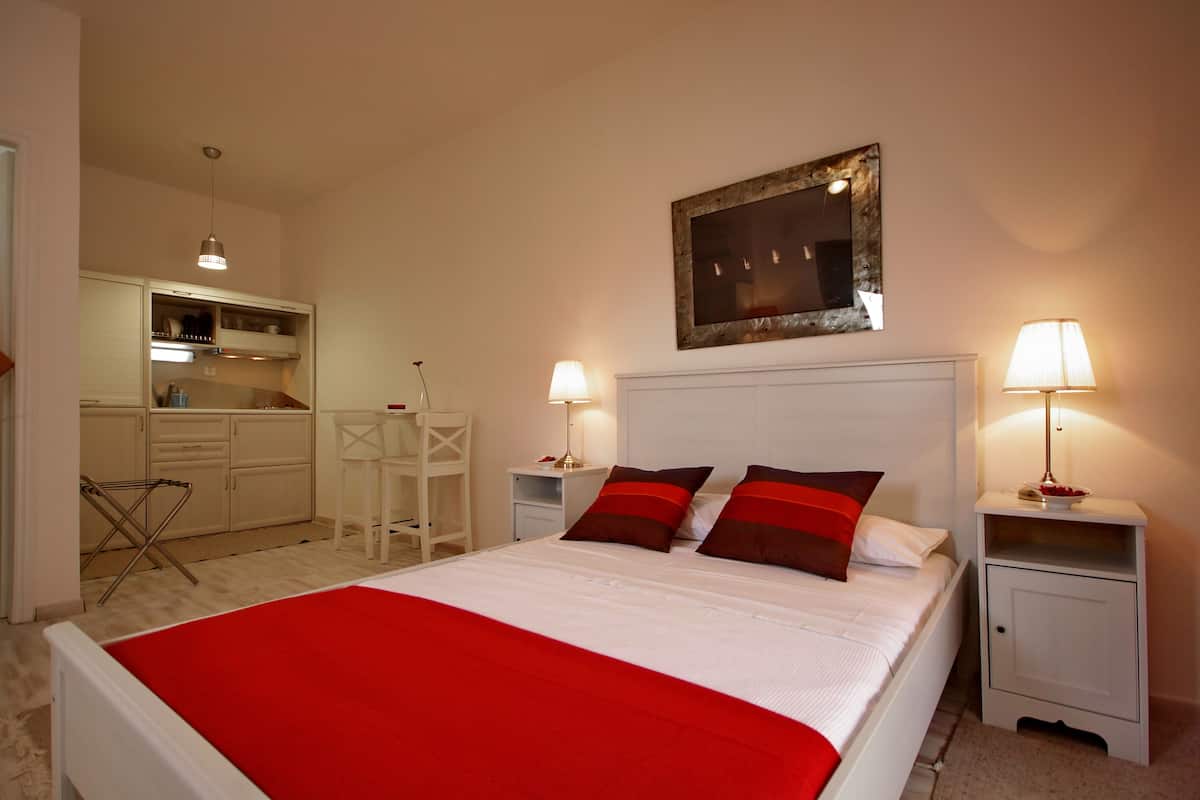 A bedroom with a bed, two bedside tables with lamps, a nightstand, a small table with a lamp, a mirror on the wall, and a kitchenette area with cabinets and a countertop.