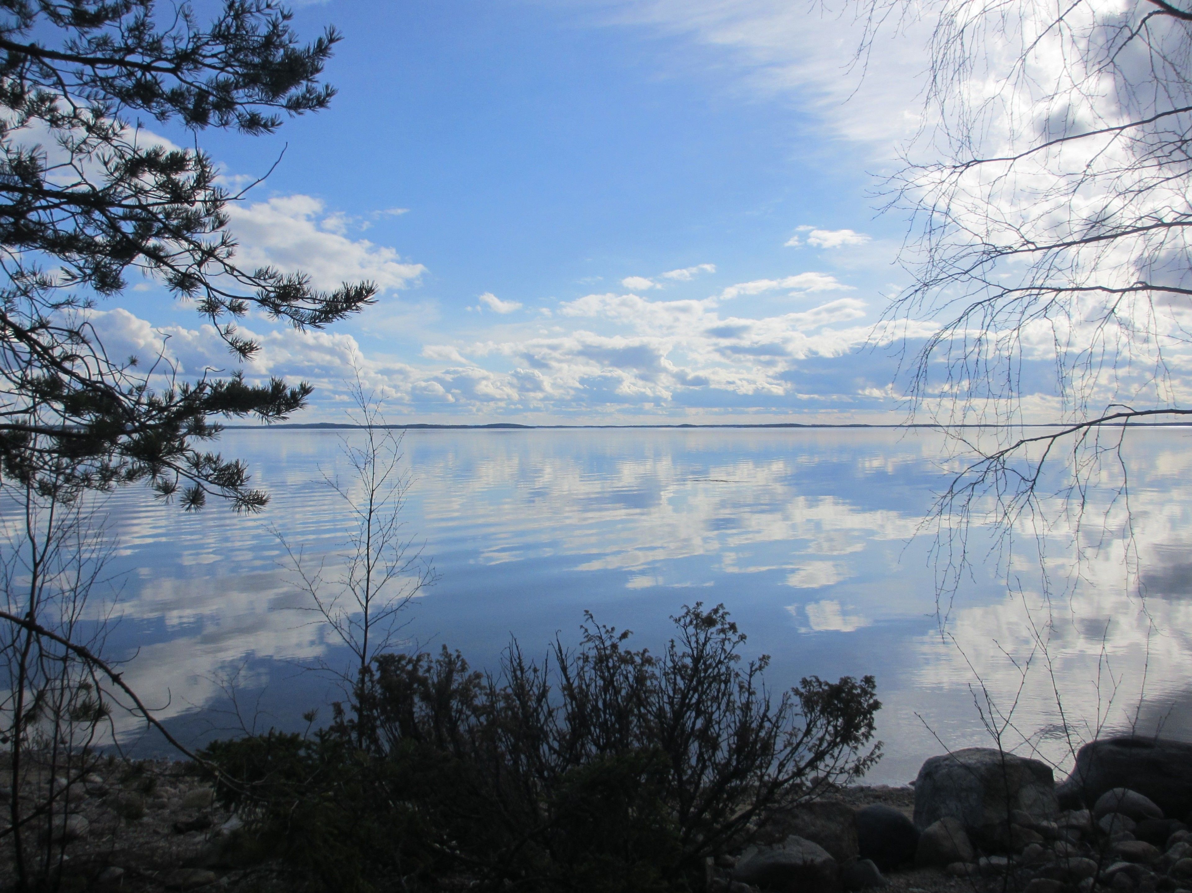 Un lac paisible dont les eaux reflètent clairement le ciel et les arbres environnants.