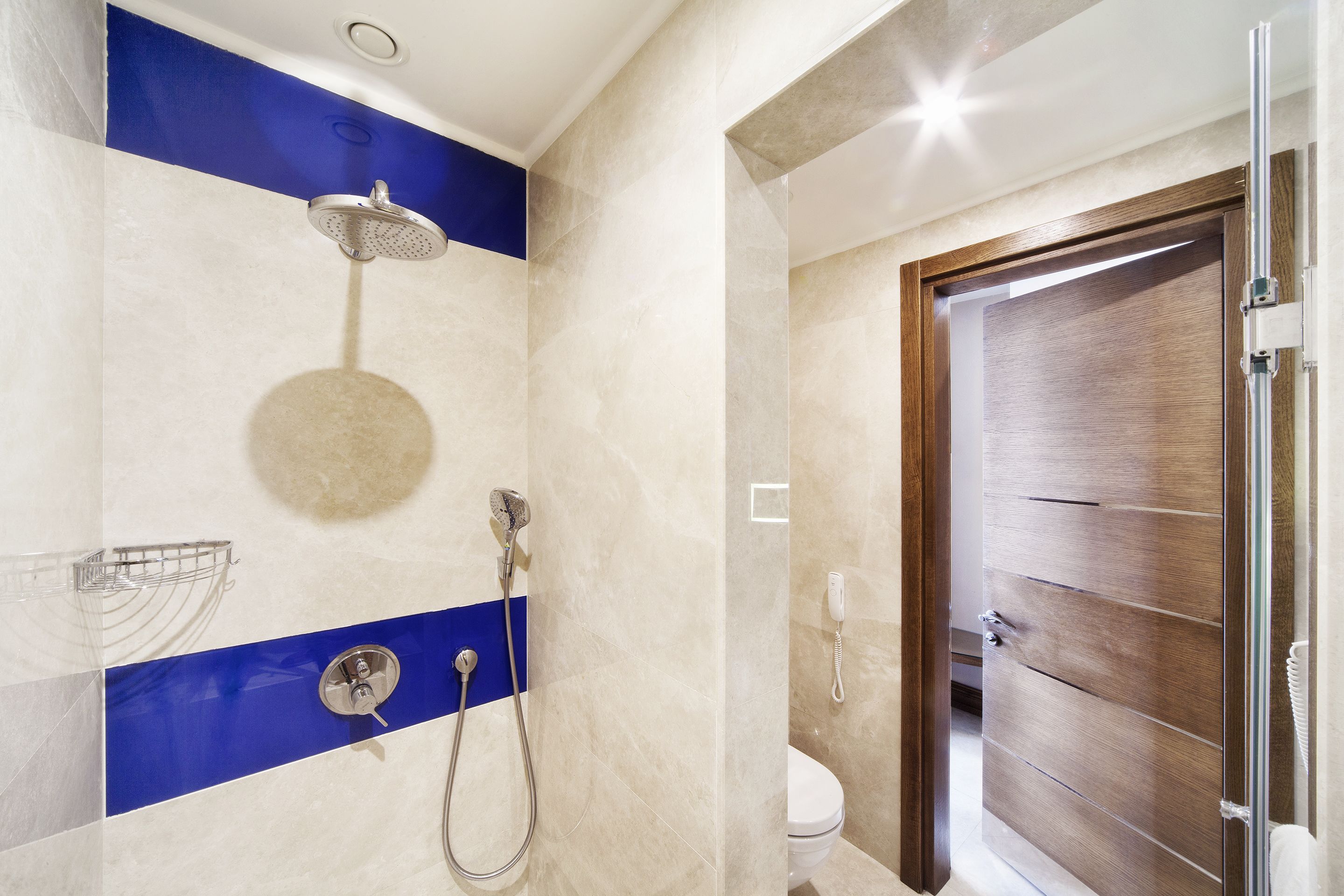 A bathroom with a shower, a toilet, and a wooden door.