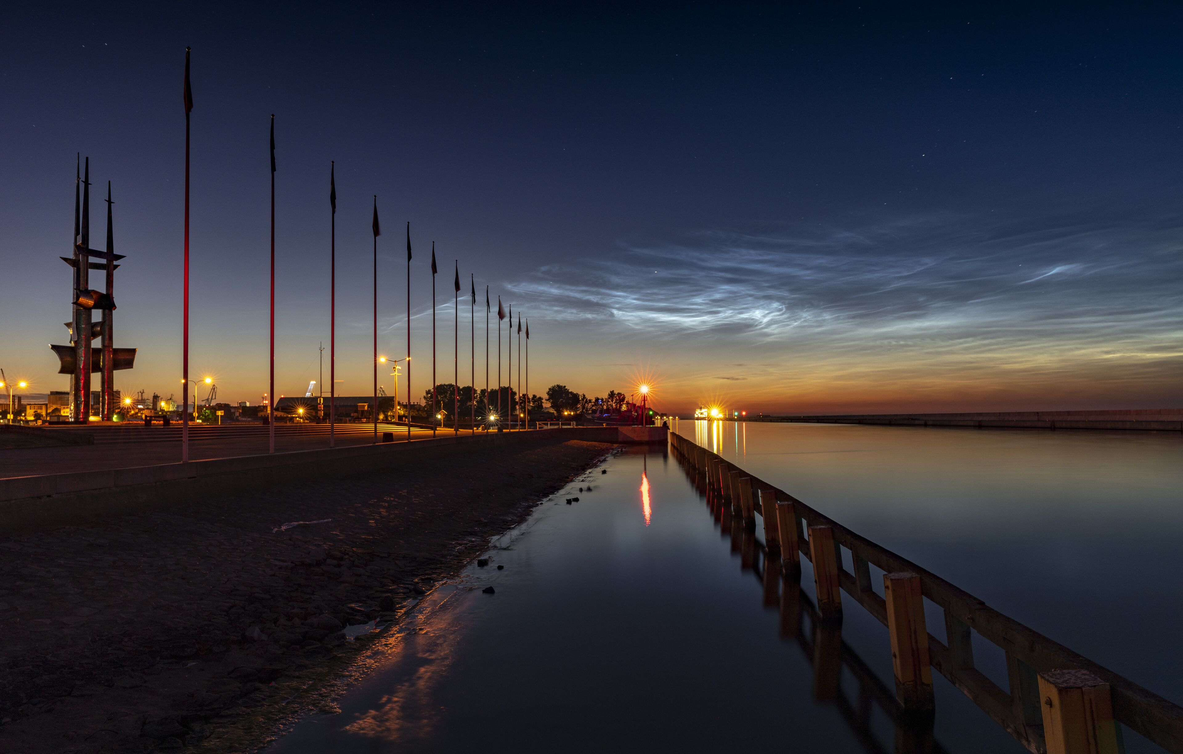 A waterfront promenade at dusk with a calm sea, a wooden pier, and street lamps.