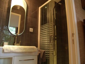 Habitación doble | Baño | Regadera, regadera tipo lluvia, secadora de cabello, toallas 