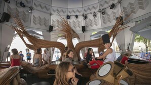 Un interior singular con forma de barco, paredes de madera curvadas y una estructura central que recuerda a un árbol.