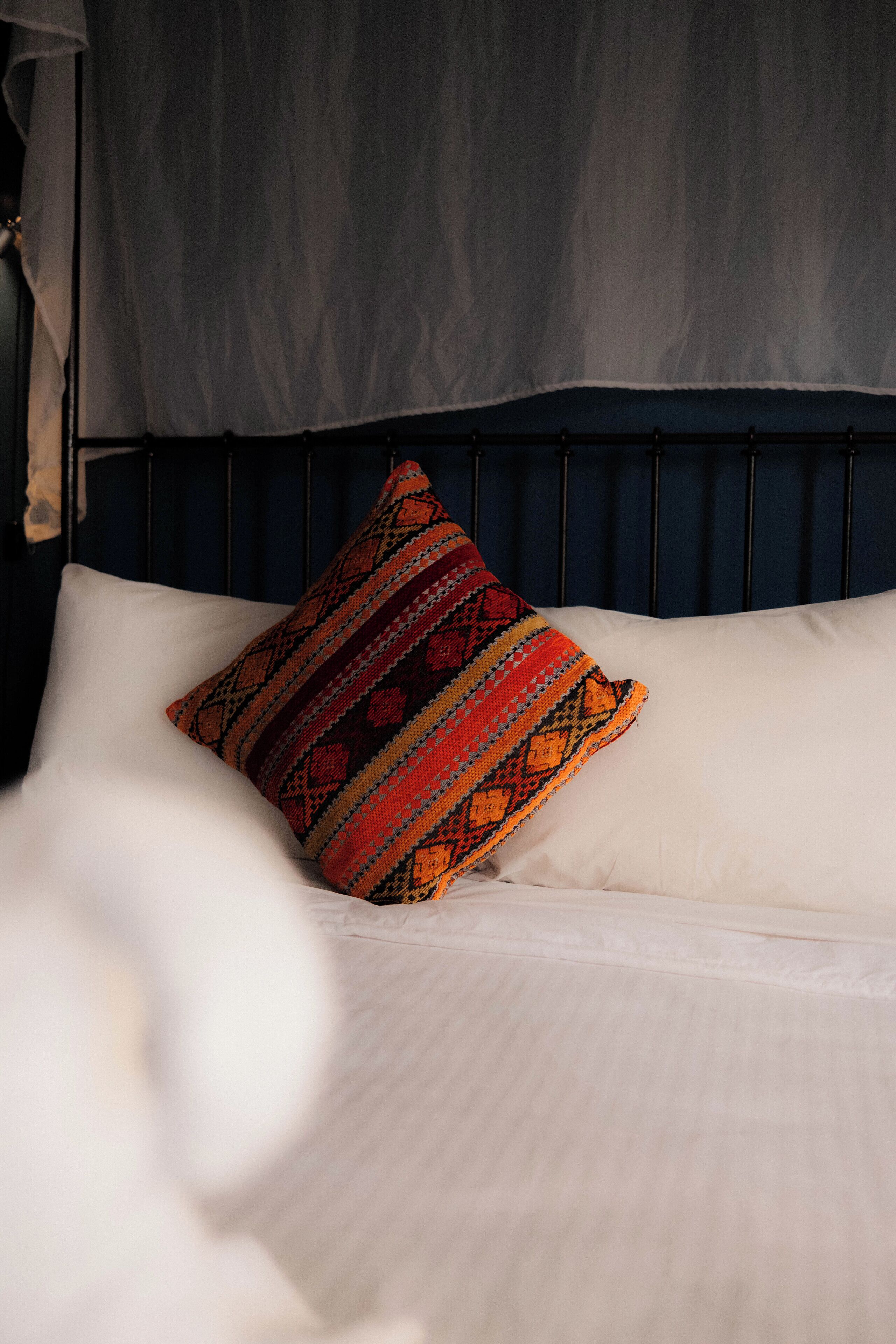 Una cama con un cojín estampado y un dosel.