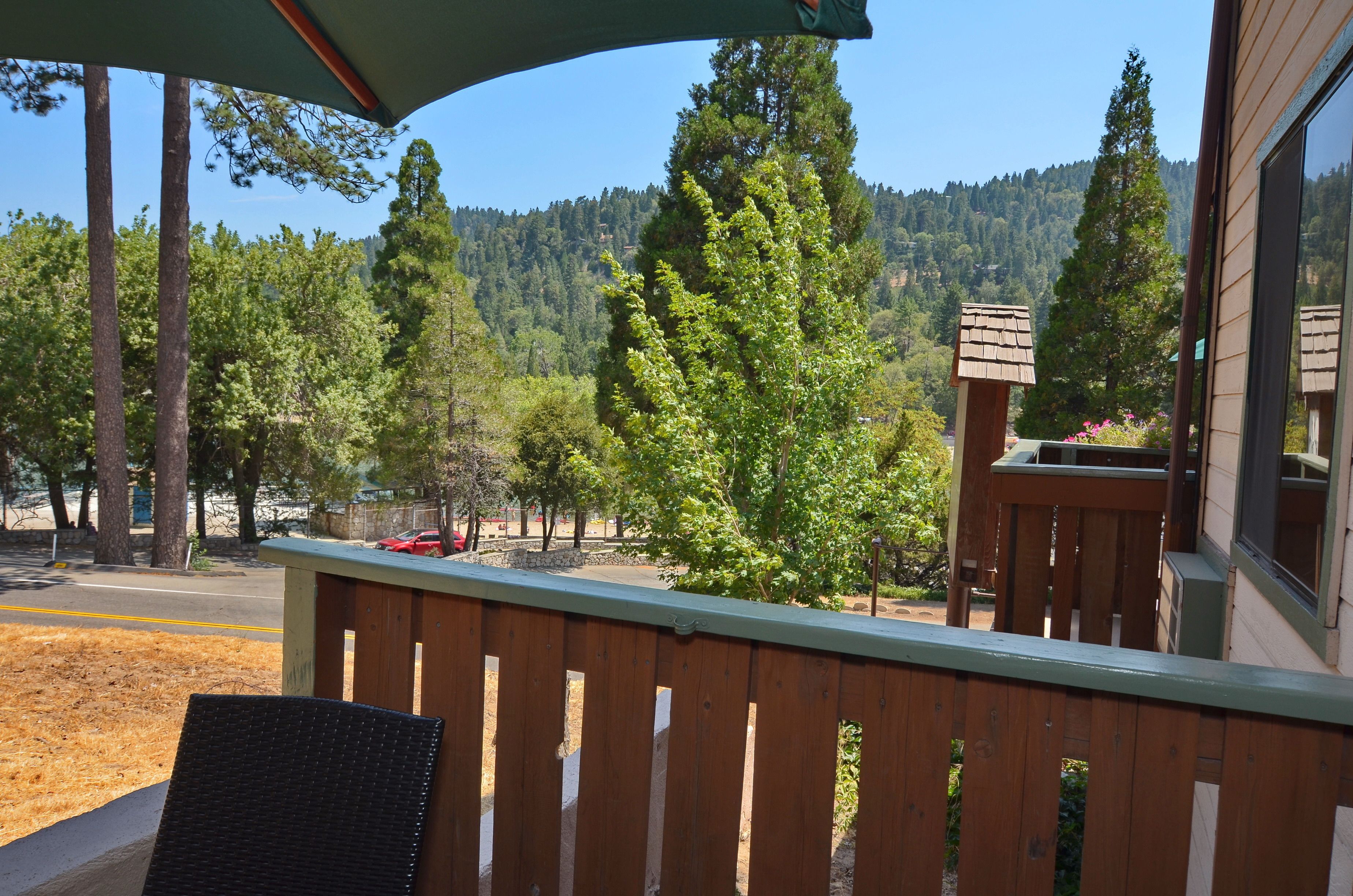 A wooden deck with a view of a forested hillside.