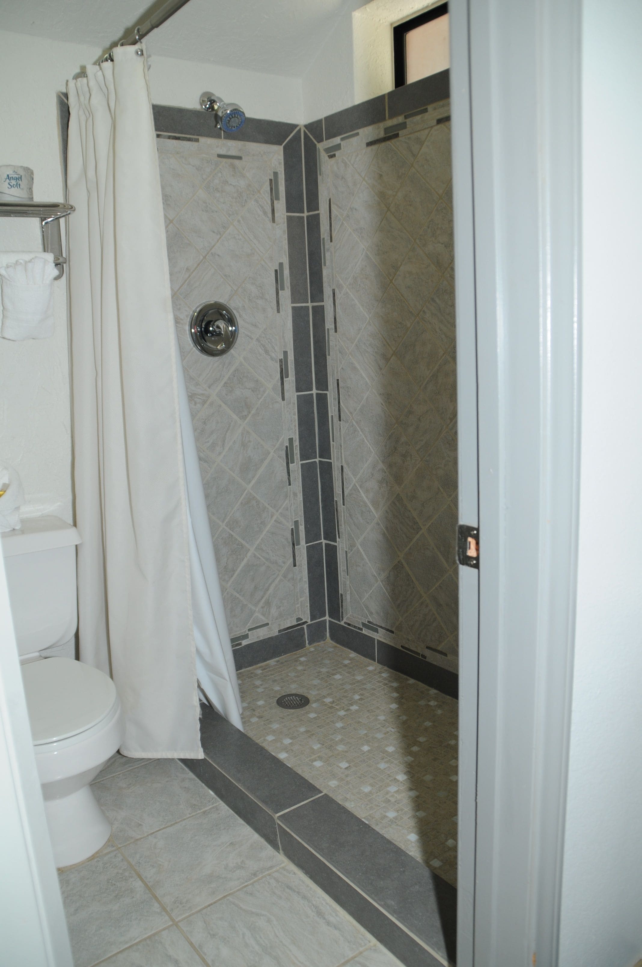Un baño con ducha, inodoro y un perchero para toallas.