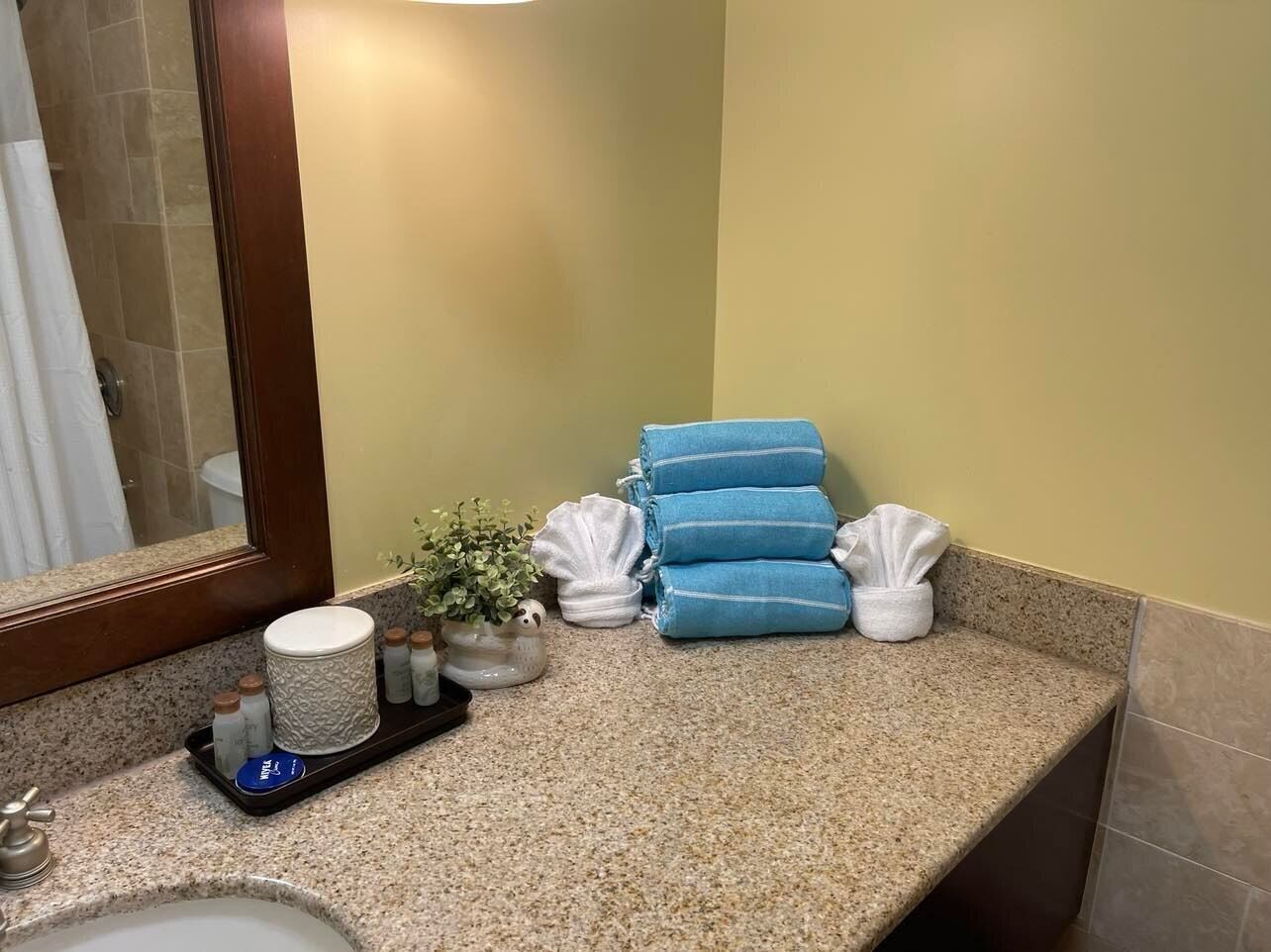 A bathroom with a granite countertop, a sink, a mirror, a potted plant, and neatly folded towels.