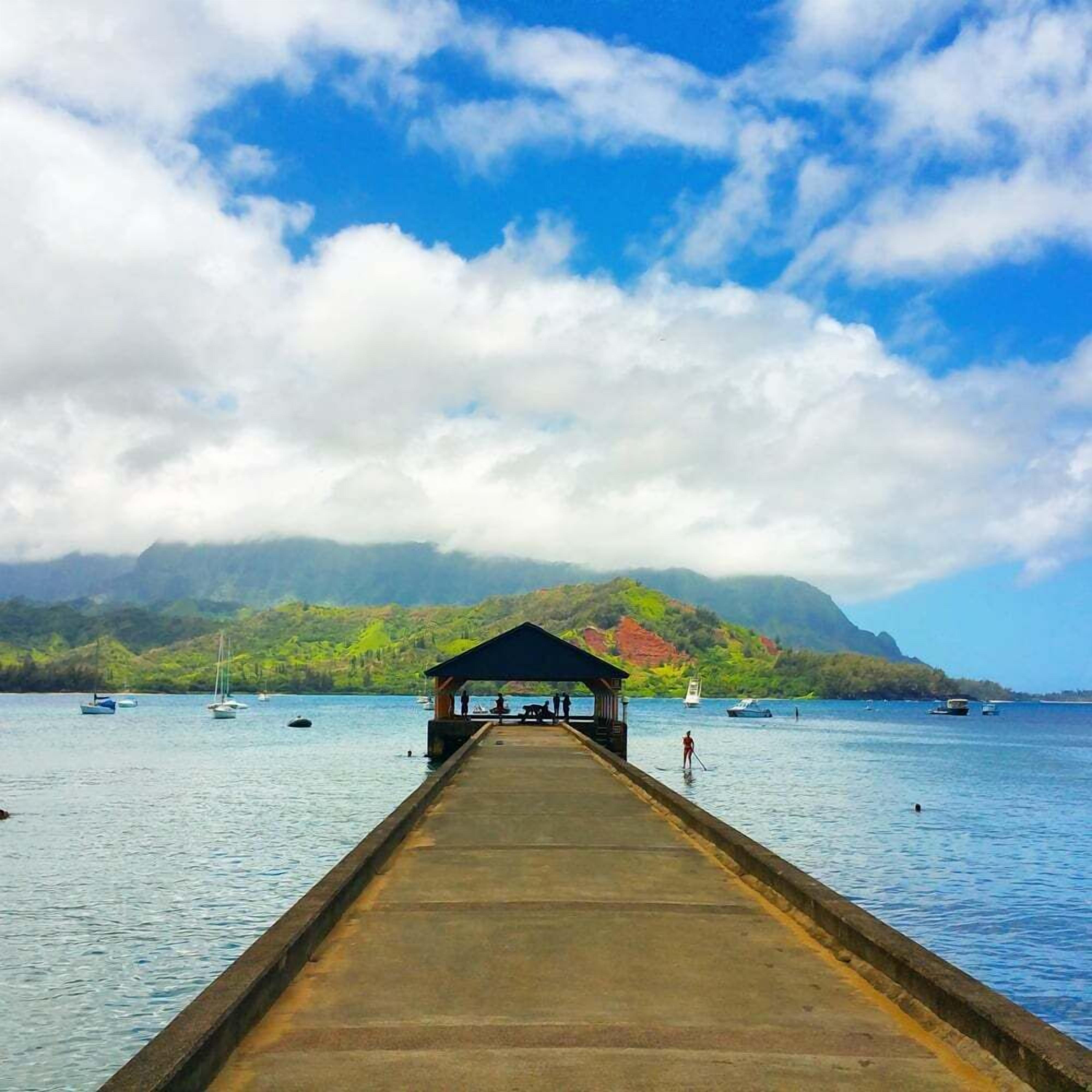 A pier extending into calm waters with a covered shelter at the end, surrounded by boats and lush greenery.