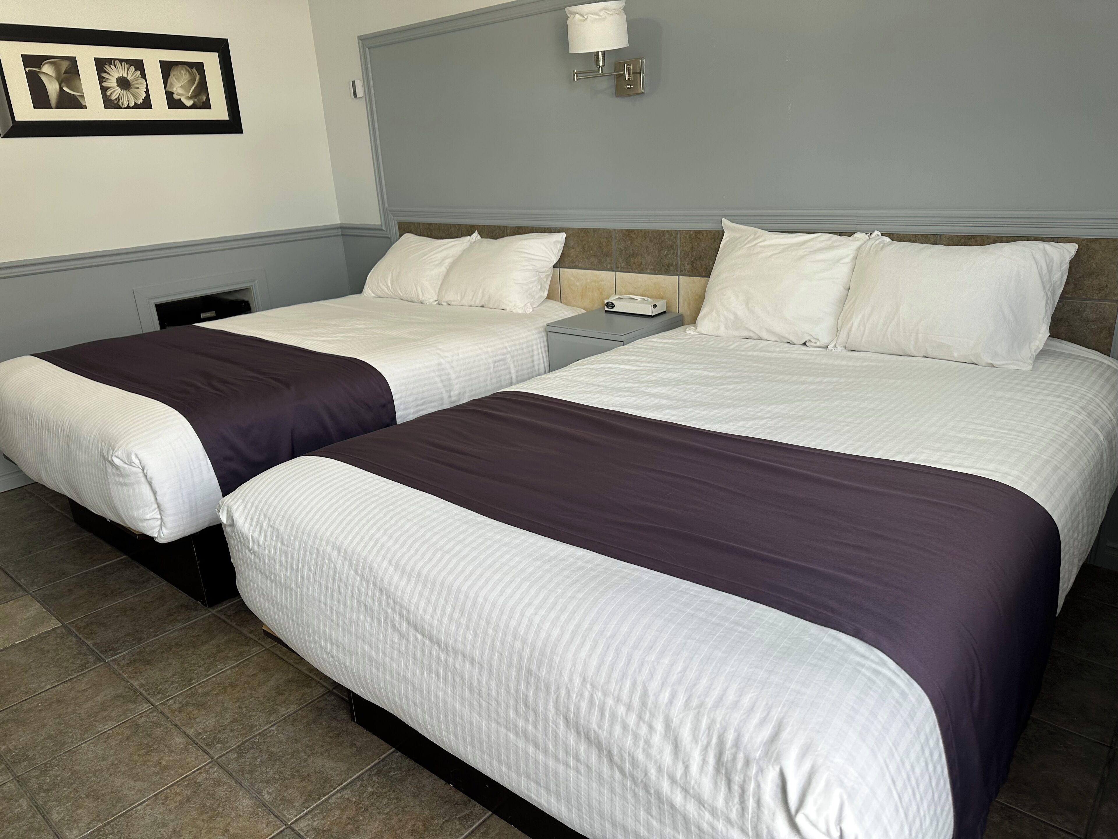 A hotel room with two beds, each with white and dark purple bedding, a bedside table with a lamp, and a framed picture on the wall.