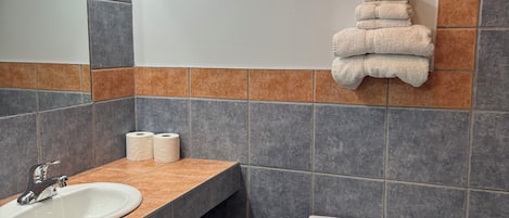 A bathroom with a sink, toilet, and towel rack.