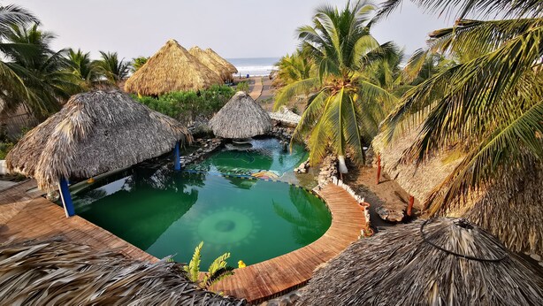 A pool area with thatched-roof structures, palm trees, and a view of the ocean.