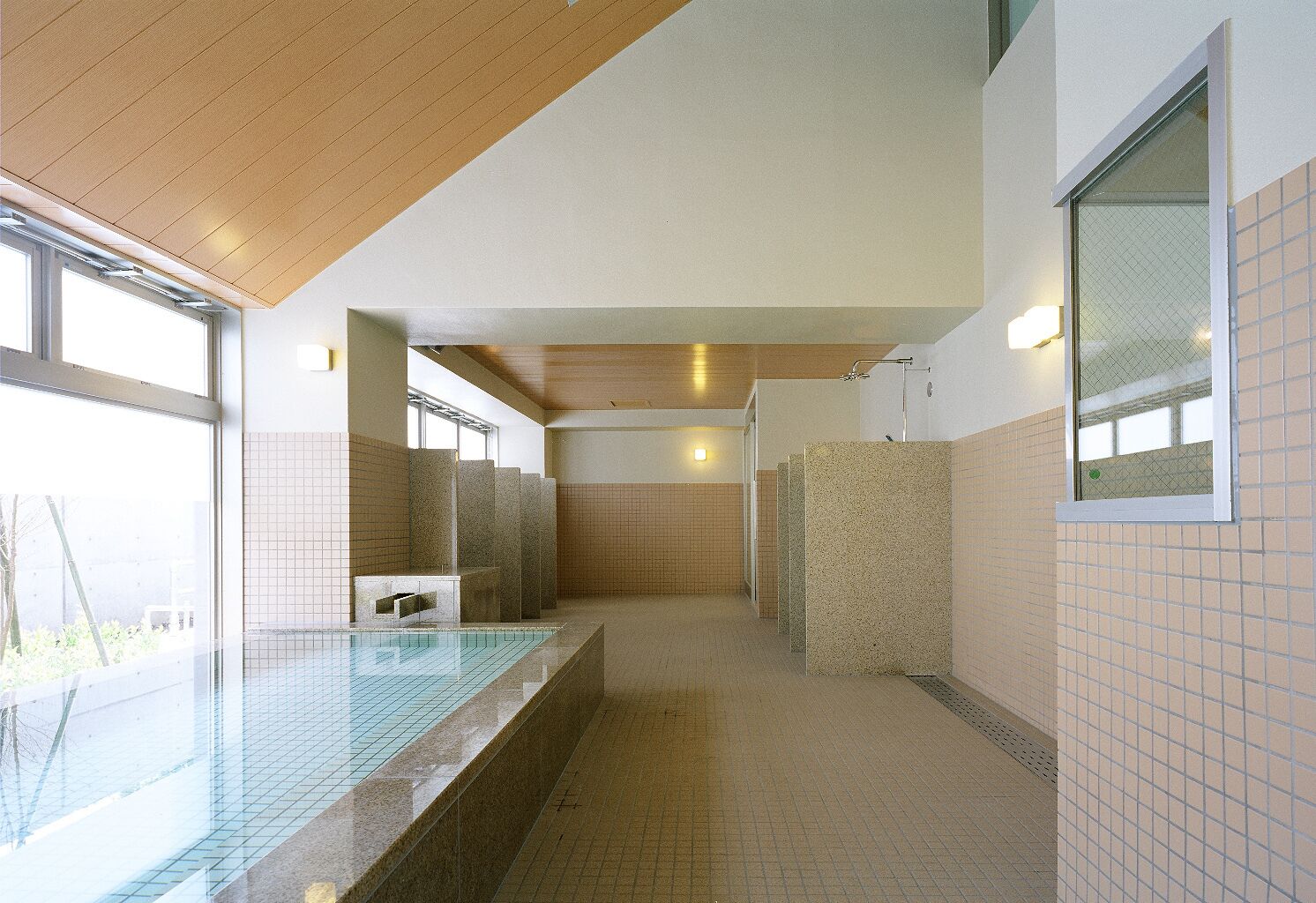 A modern bathroom with a glass-enclosed pool, tiled walls, and a wooden ceiling.