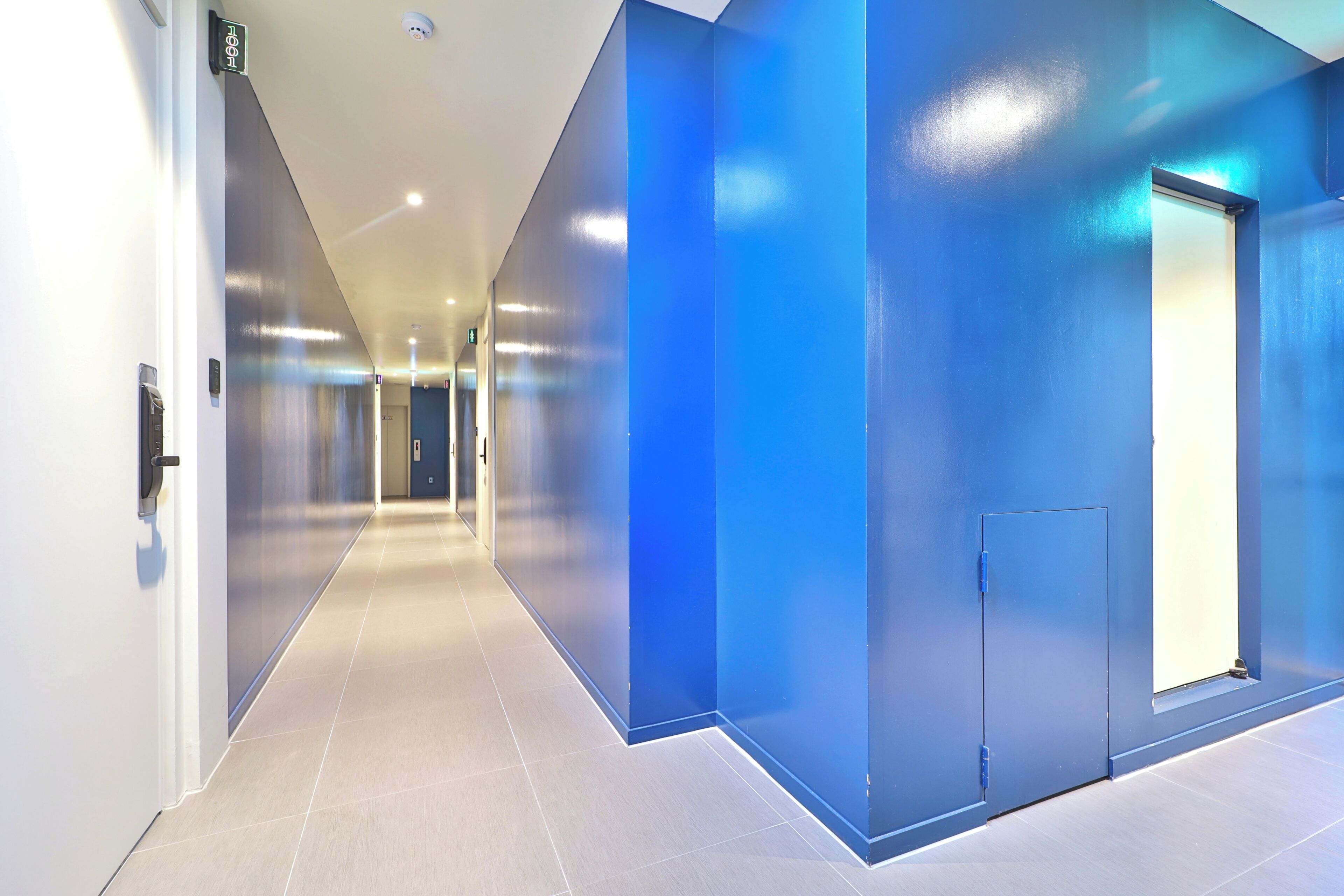 Un pasillo moderno con una pared azul decorativa, una puerta con picaporte y un accesorio de iluminación en el techo.