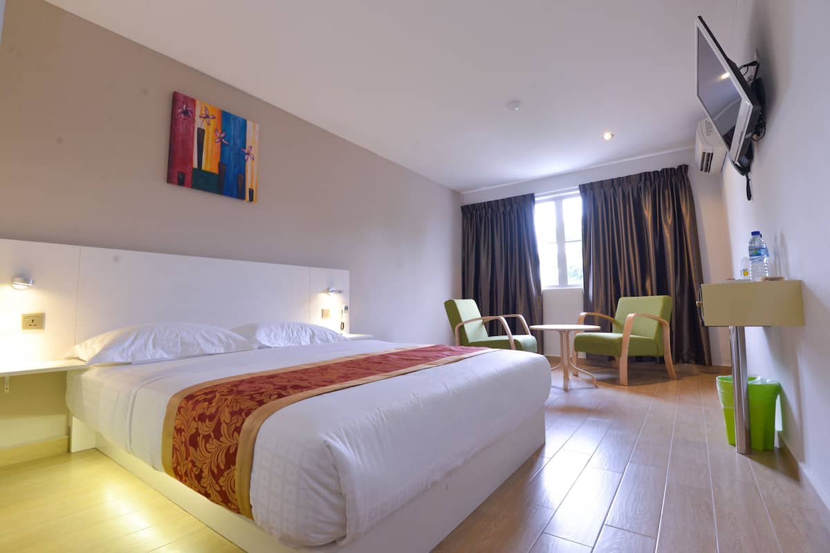 A hotel room with a large bed, a desk, a chair, a TV, and a window with curtains.