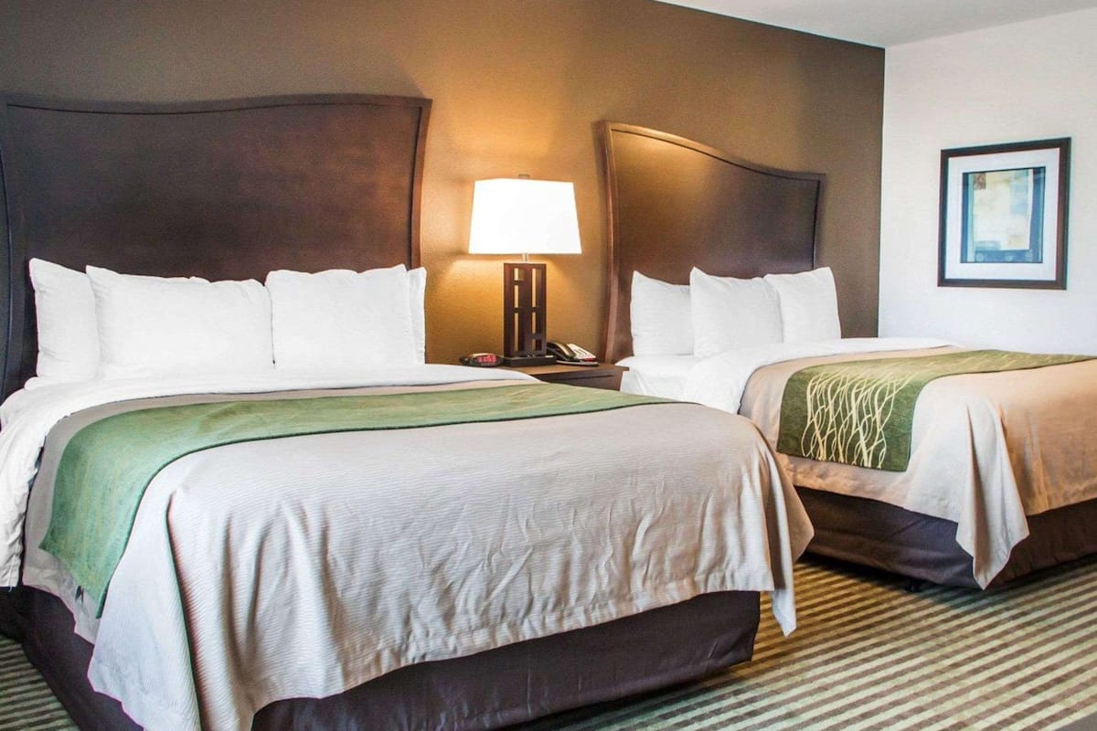 A hotel room with two beds, a nightstand, a lamp, and a framed picture on the wall.