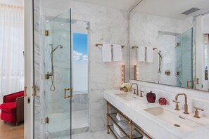 Shower, rainfall showerhead, free toiletries, hair dryer
