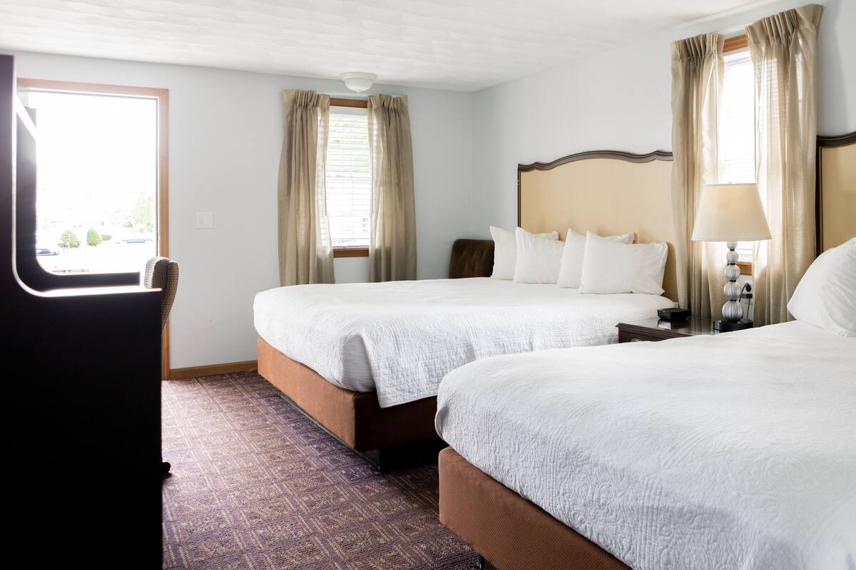 Una habitación de hotel con dos camas, una ventana con cortinas, una lámpara y una alfombra estampada.