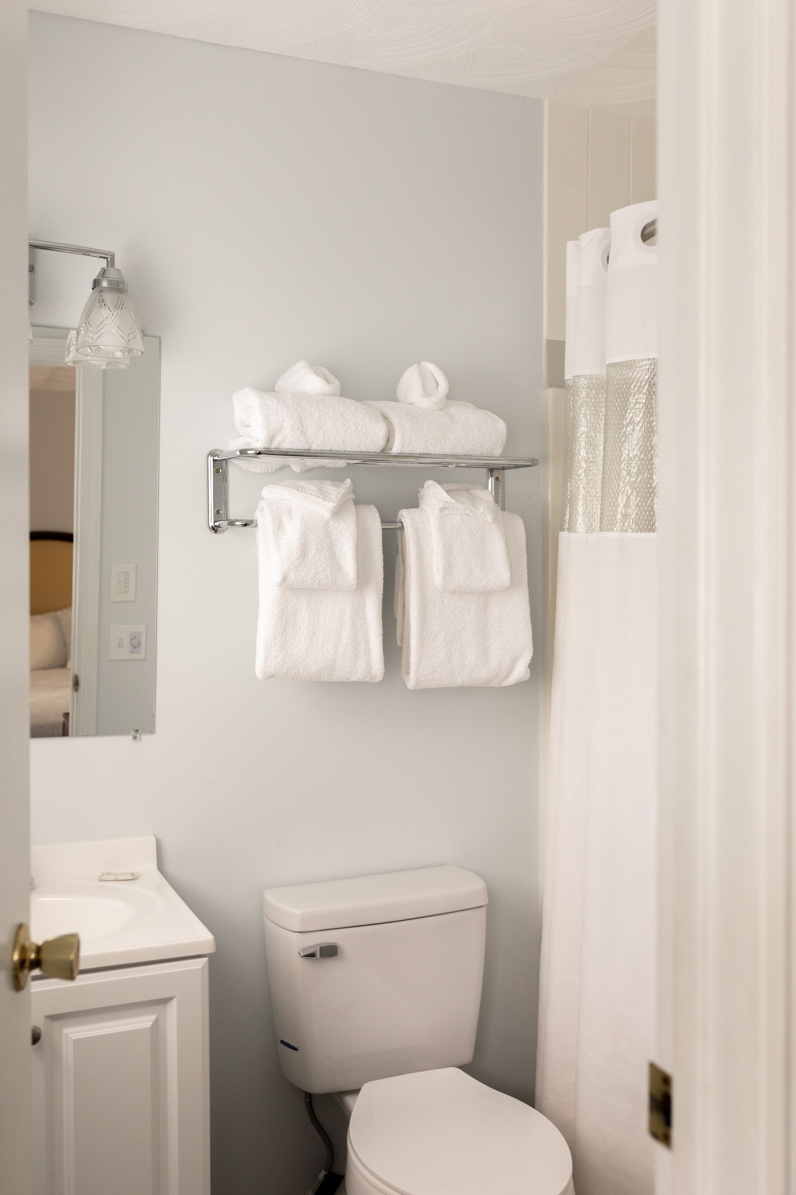 Une salle de bain comprenant des toilettes, un porte-serviettes avec plusieurs serviettes, un miroir et un rideau de douche.