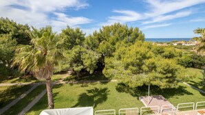 Vista de un jardín exuberante con una palmera, un camino y una zona de estar con sillas y una mesa.