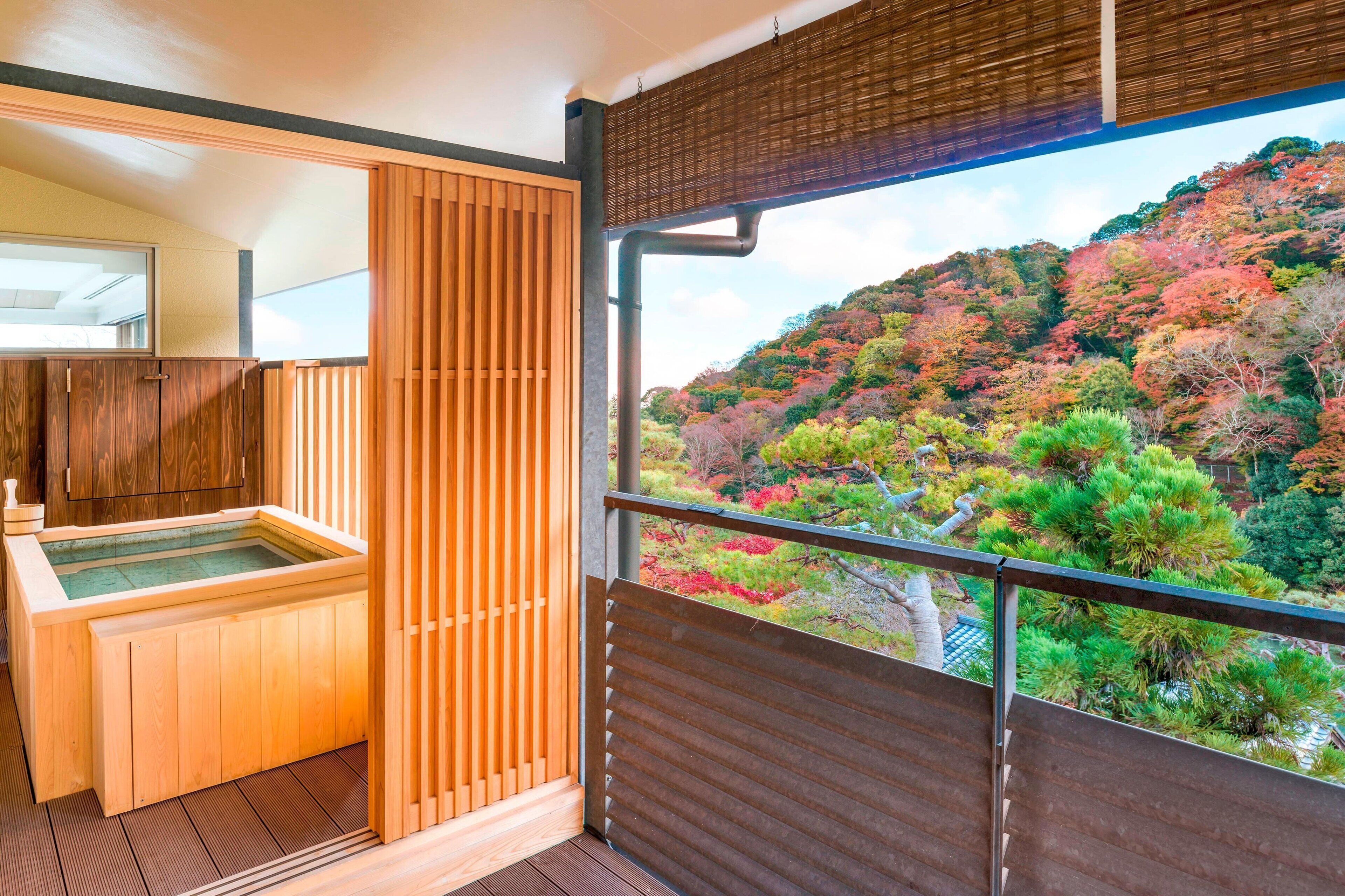 A wooden sauna with a view of a forested hillside.