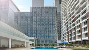 Outdoor pool, pool umbrellas, pool loungers