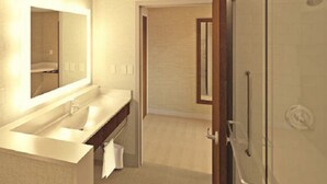 A modern bathroom with a large mirror, a sink, and a shower. - Holiday Inn Express & Suites Litchfield West by IHG (Litchfield)
