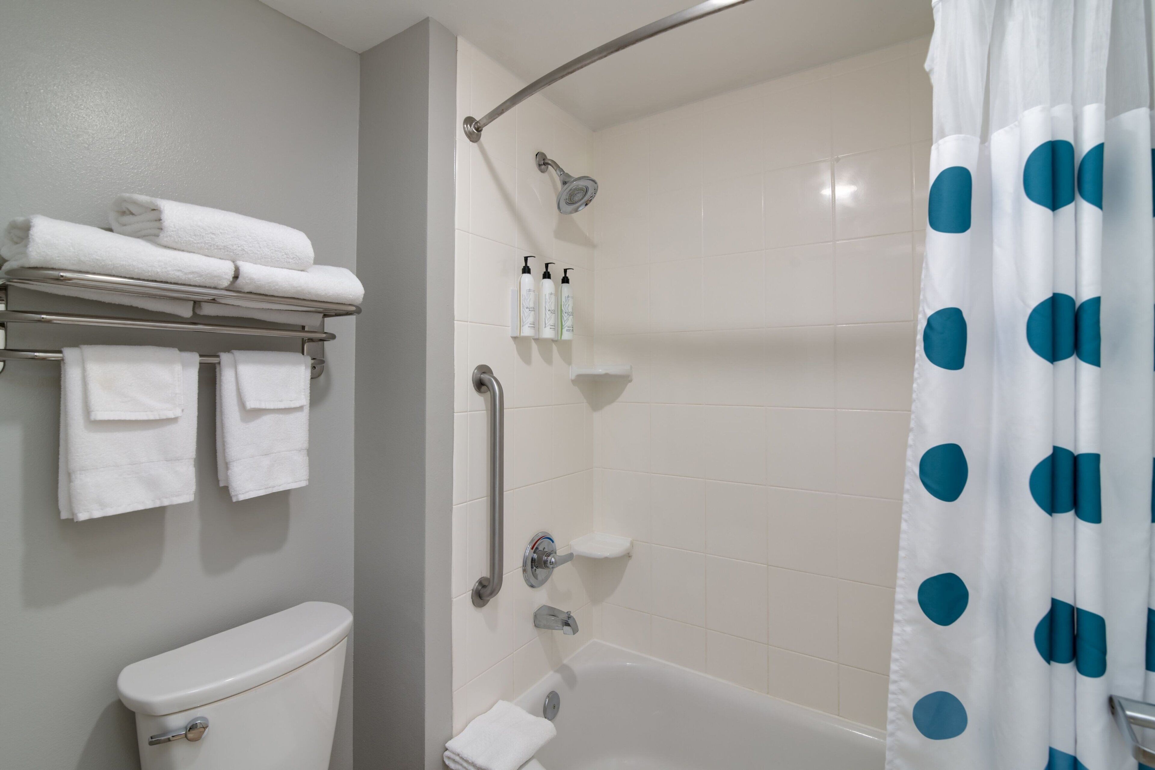 A bathroom with a toilet, a shower with a handheld showerhead, a grab bar, and a towel rack with folded towels.