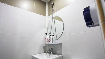 A bathroom with a white sink, a toilet, and a shower with a handheld showerhead.