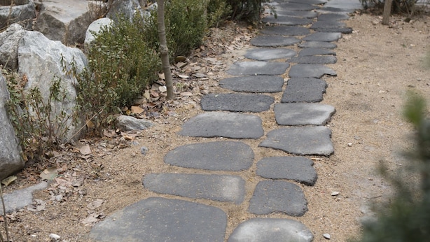 A stone pathway leading to a dark door, surrounded by rocks and small trees. - WELL PLUS BNB Guest House (Seoul)
