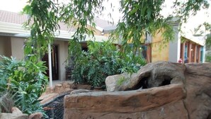 A rock garden with a small water feature, surrounded by various plants and trees.