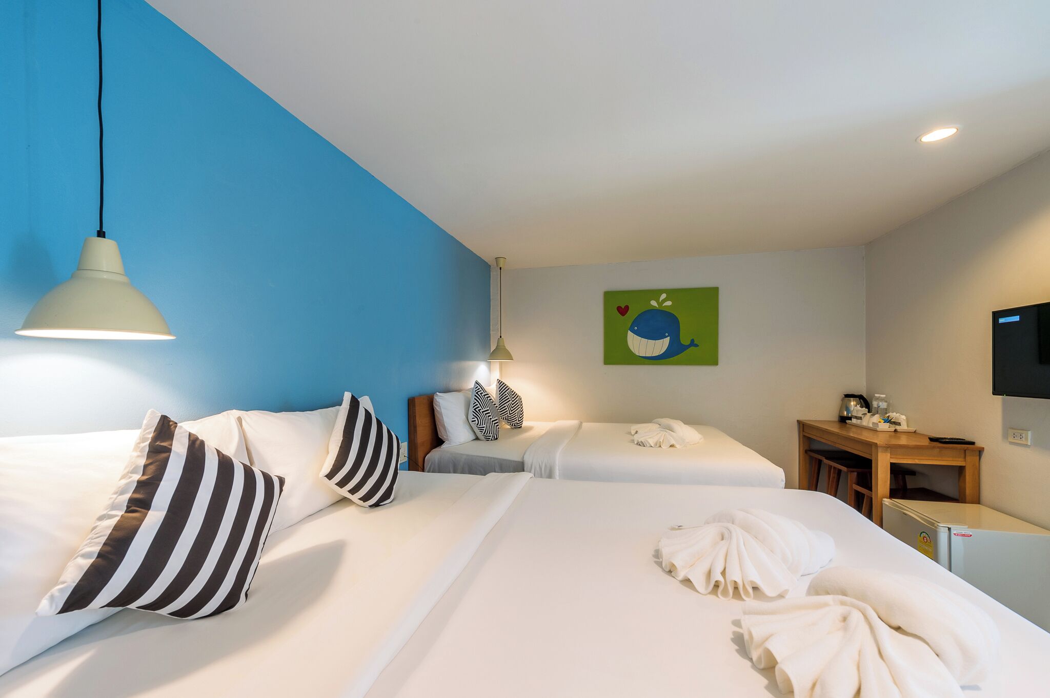 family | premium bedding, individually decorated, desk, laptop workspace