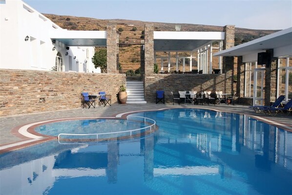 Seasonal outdoor pool, pool umbrellas, pool loungers