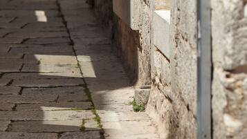 A stone-paved pathway with a narrow shadow cast by a structure.