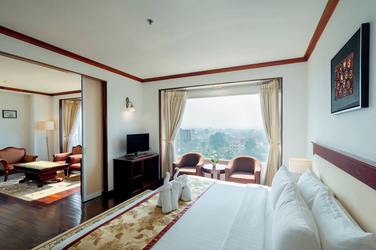 A hotel room with a bed, a television, a desk, a chair, and a view of the city.
