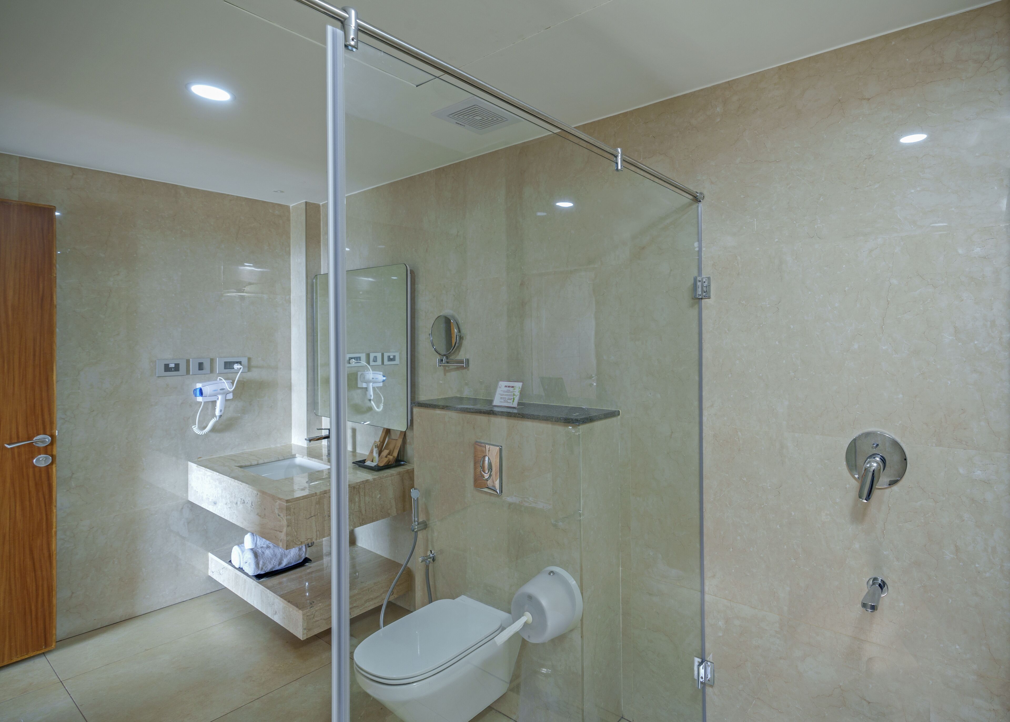 A modern bathroom with a glass-enclosed shower, a toilet, and a vanity with a mirror.