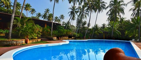 A swimming pool surrounded by palm trees and a building with a curved roof.