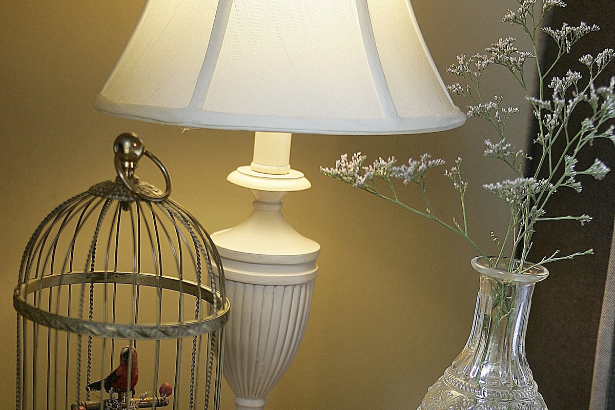 A lamp, a glass birdcage, a vase with flowers, and a book on a dresser.