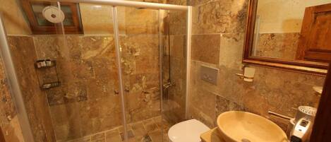 A bathroom with a glass-enclosed shower, a toilet, and a sink with a mirror above it.