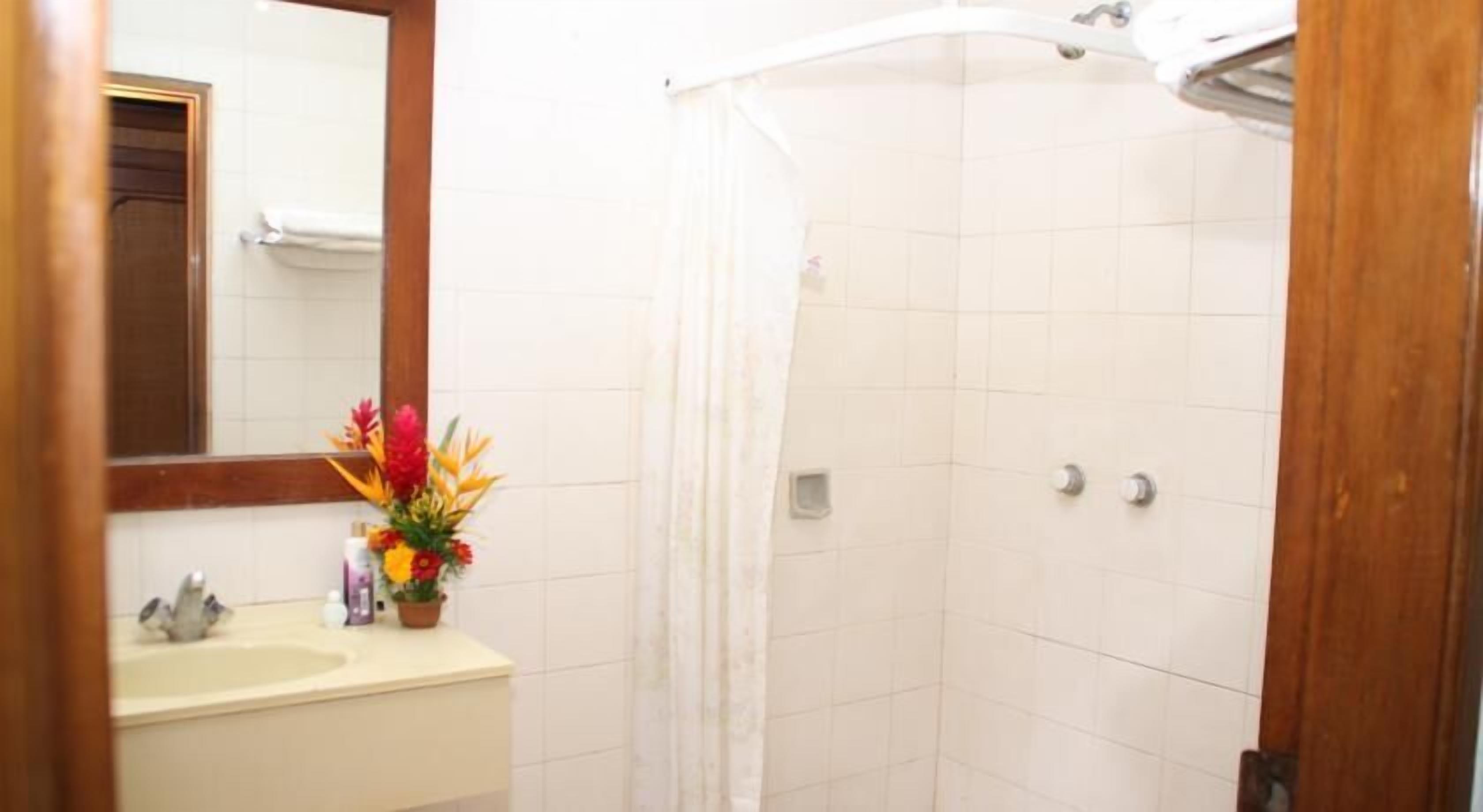 hot spring bungalow | bathroom | shower, hair dryer, towels