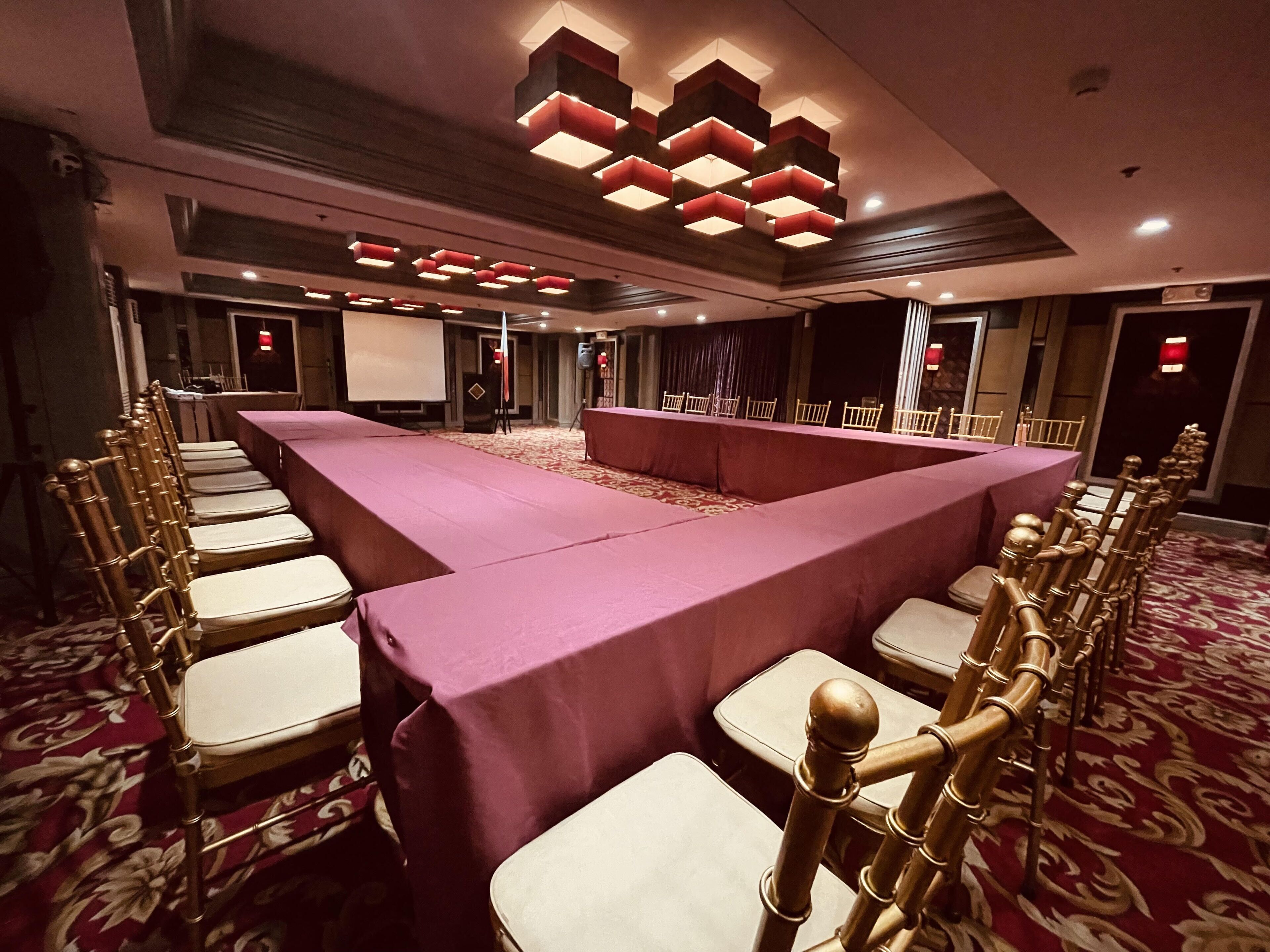 Una sala conferenze con un lungo tavolo, file di sedie e uno schermo per proiezioni.