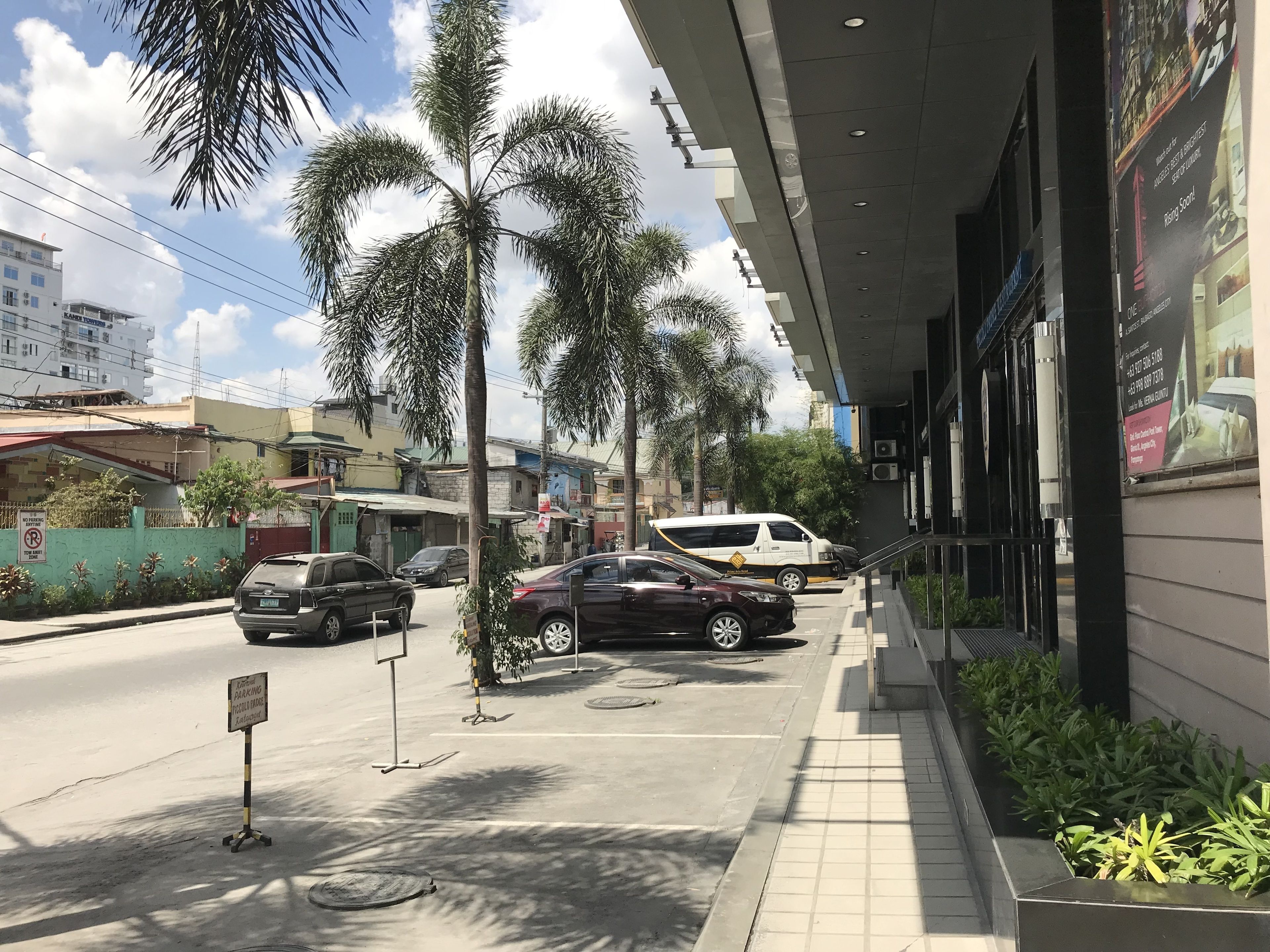 A street view with parked cars, a building with a signboard, and a palm tree.