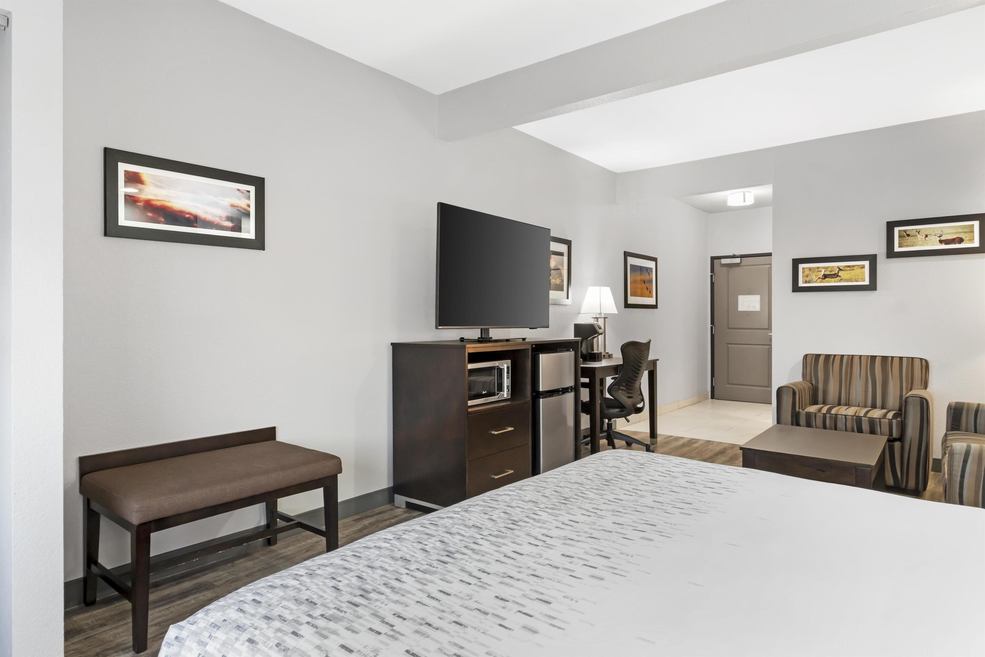 Una habitación de hotel con cama, escritorio, televisión, silla y reposetilla.