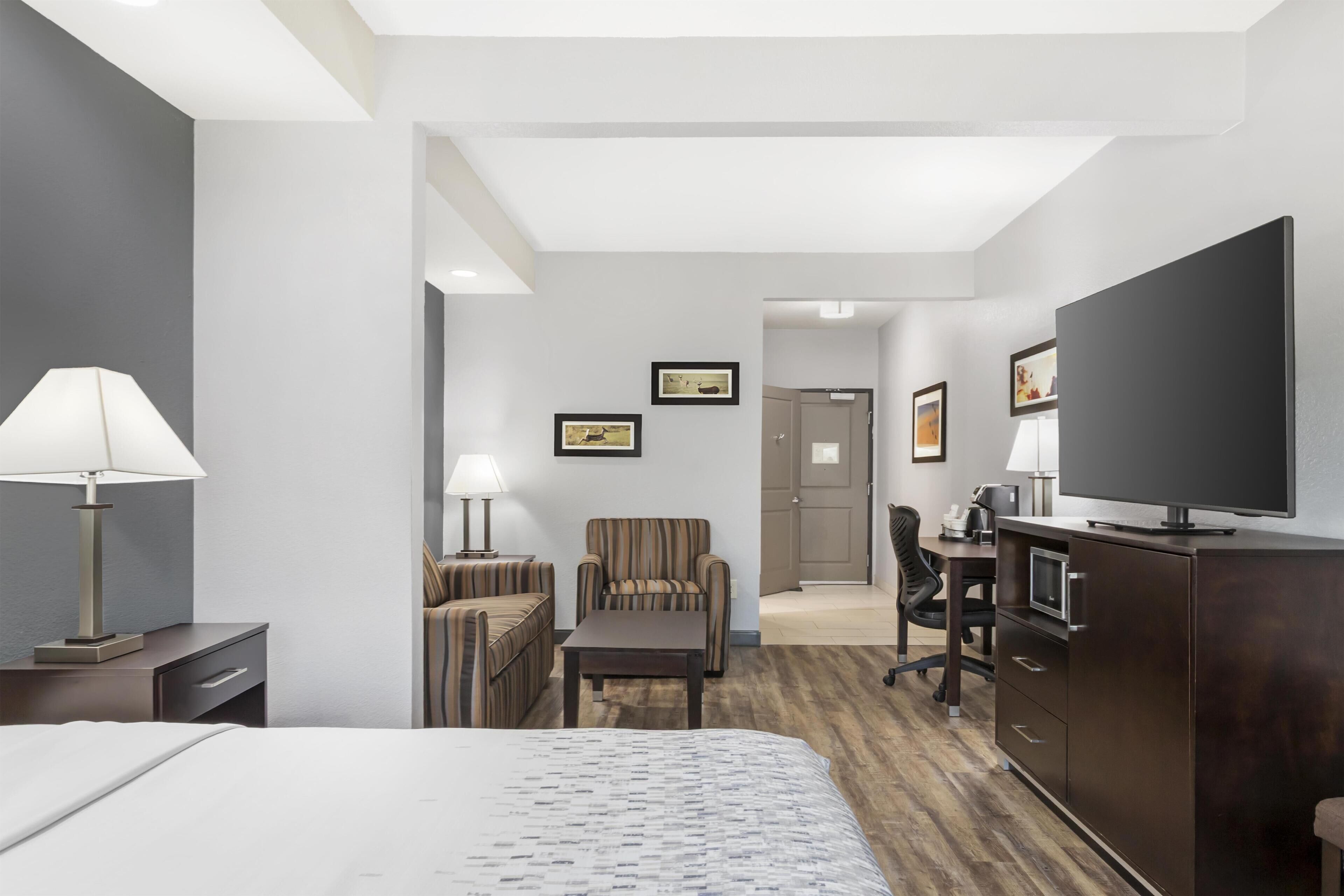 A hotel room with a bed, a desk, a chair, a television, and a lamp.