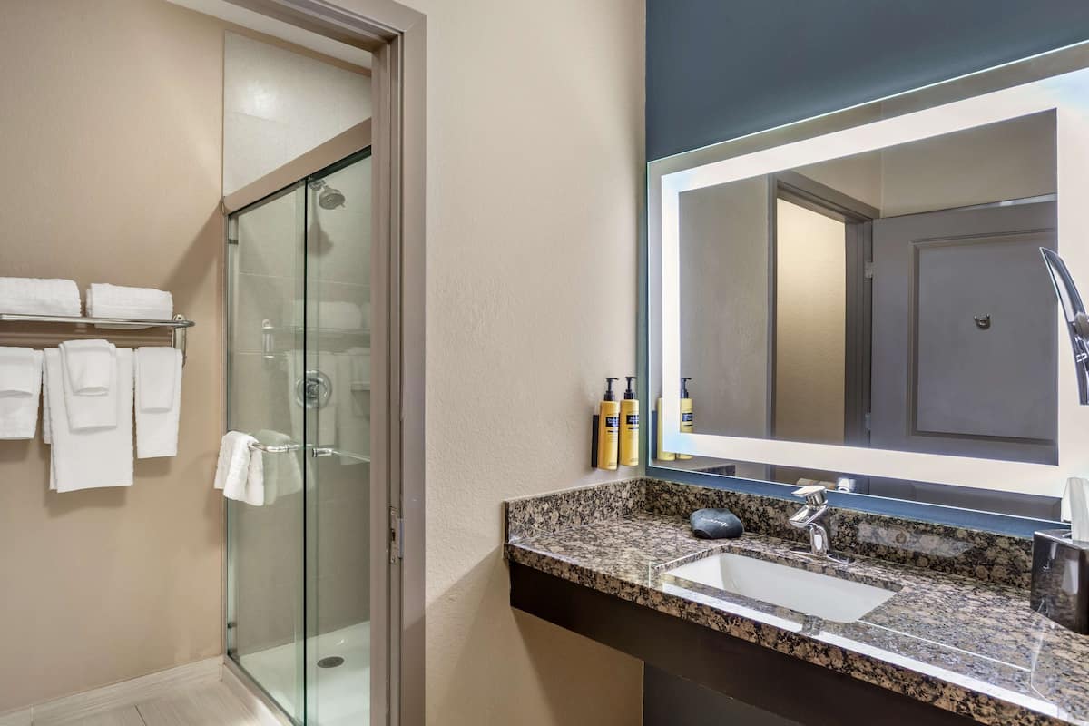 standard room, 1 king bed, non smoking, refrigerator & microwave (oversized room) | bathroom | combined shower/bathtub, free toiletries, hair dryer, towels