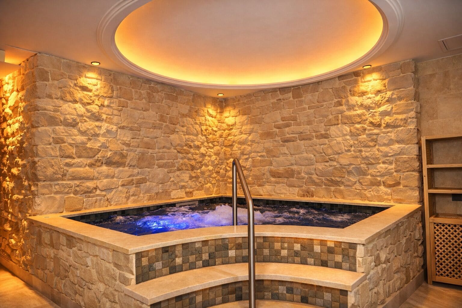 Een spa-ruimte met stenen muren, een hottub, een metalen ladder en een houten plank.
