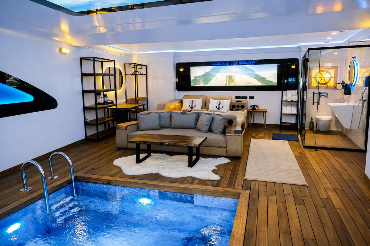 A modern interior with a pool, a sofa, a TV, and a bathroom.