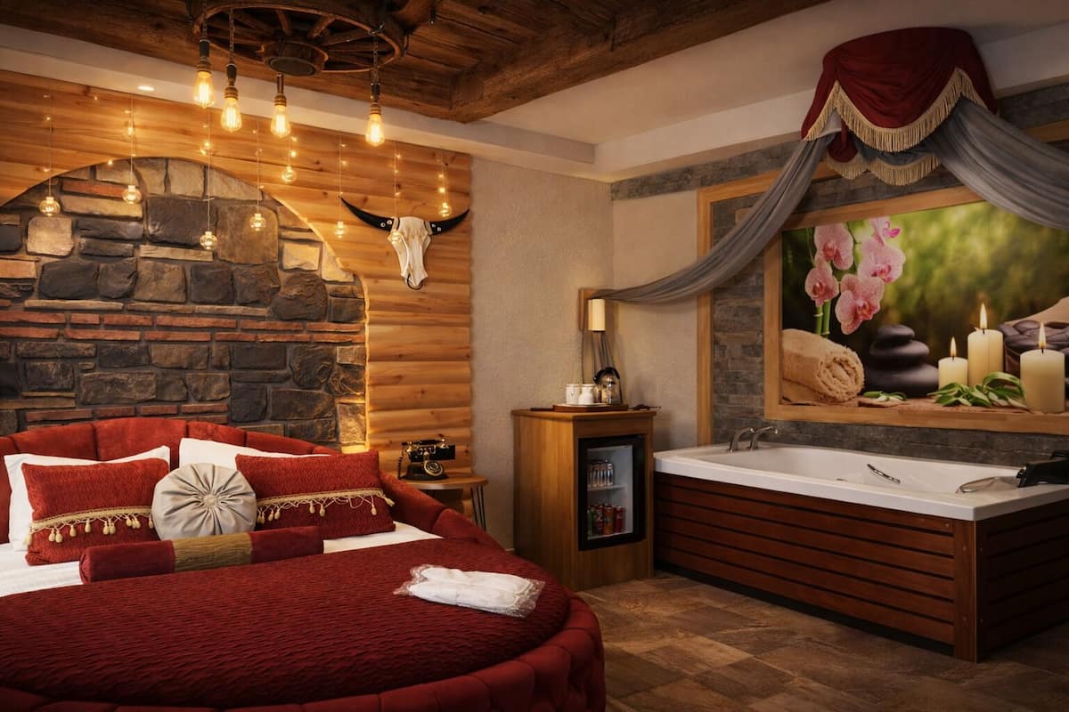 A bedroom with a stone wall, a wooden ceiling, a red bed, and a bathroom with a bathtub and a mirror with flowers.