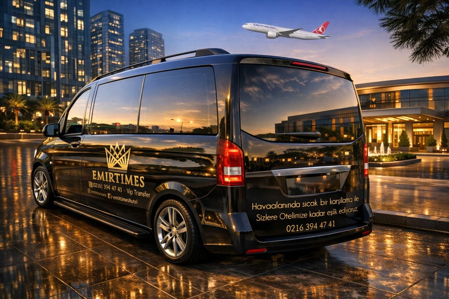 A black van with "EMIRTIMES" and "VIP Transfer" branding, parked in an urban setting with a modern building and a plane in the background.