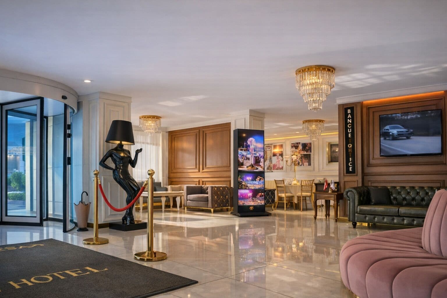 A hotel lobby with a reception desk, a large screen displaying images, a chandelier, and a plush seating area.
