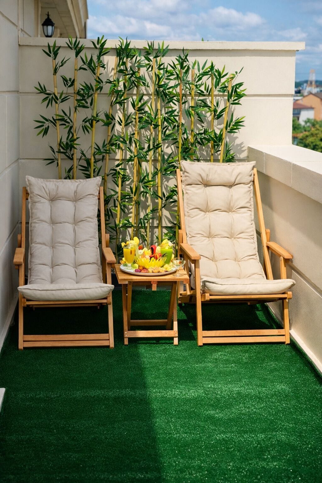 Dos sillones de madera con cojines, una mesita con frutas y bebidas, y una pared decorativa de bambú.