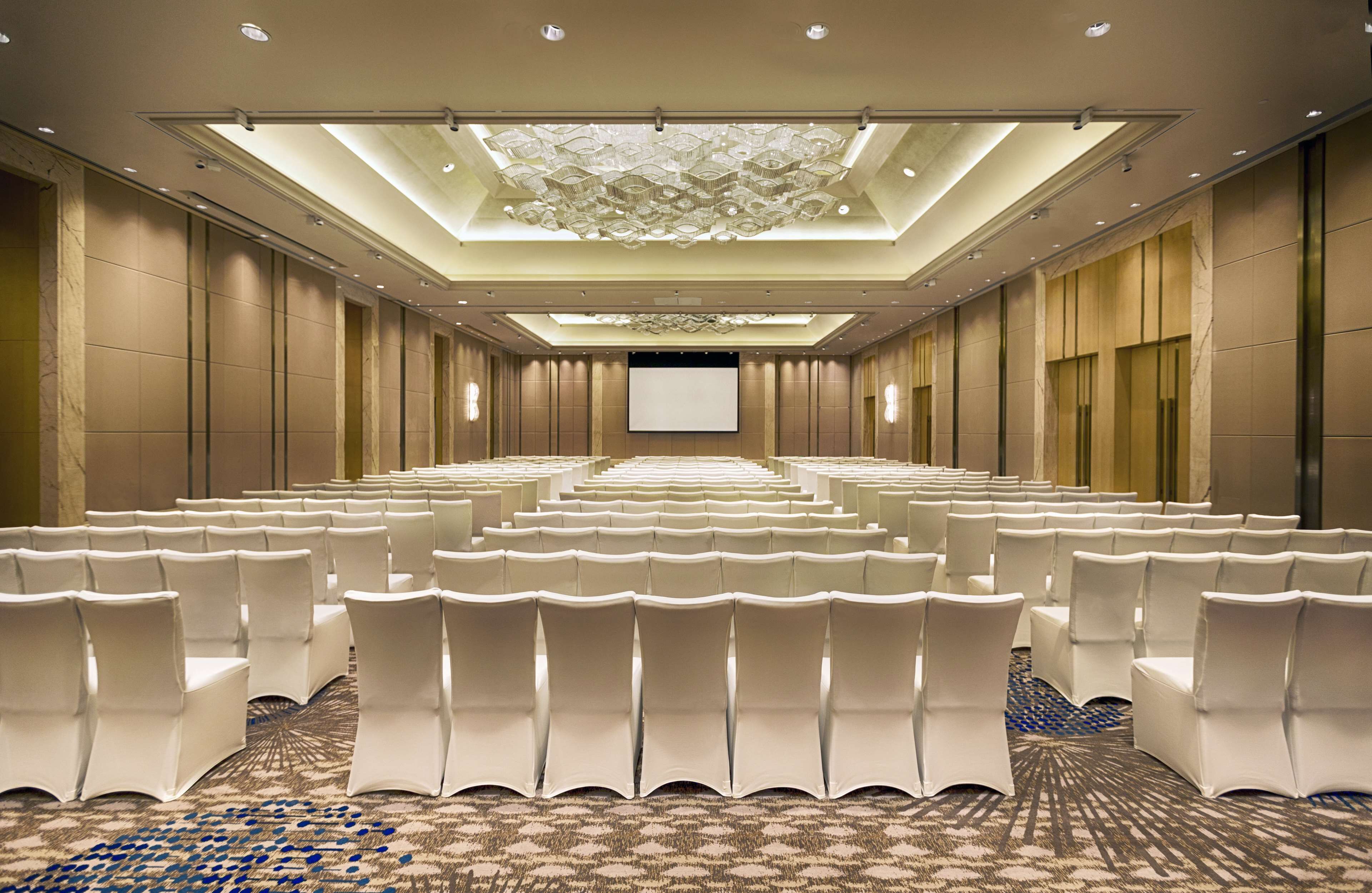 A conference room with rows of white chairs, a large screen at the front, and a patterned carpet.